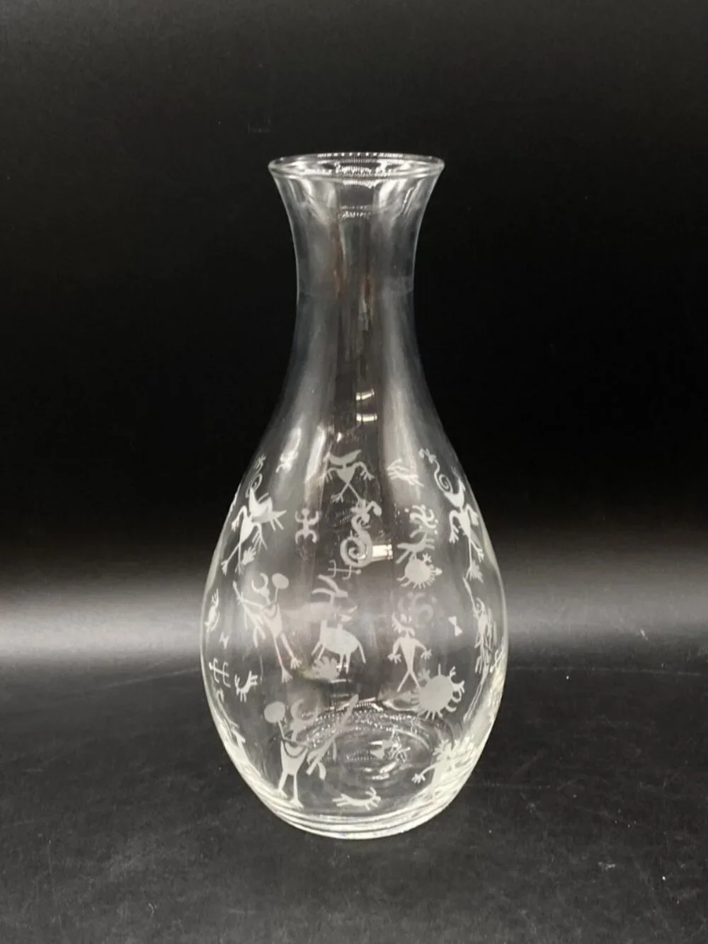 Etched Petroglyph Cave Drawings Clear 9” Tall Wine Carafe